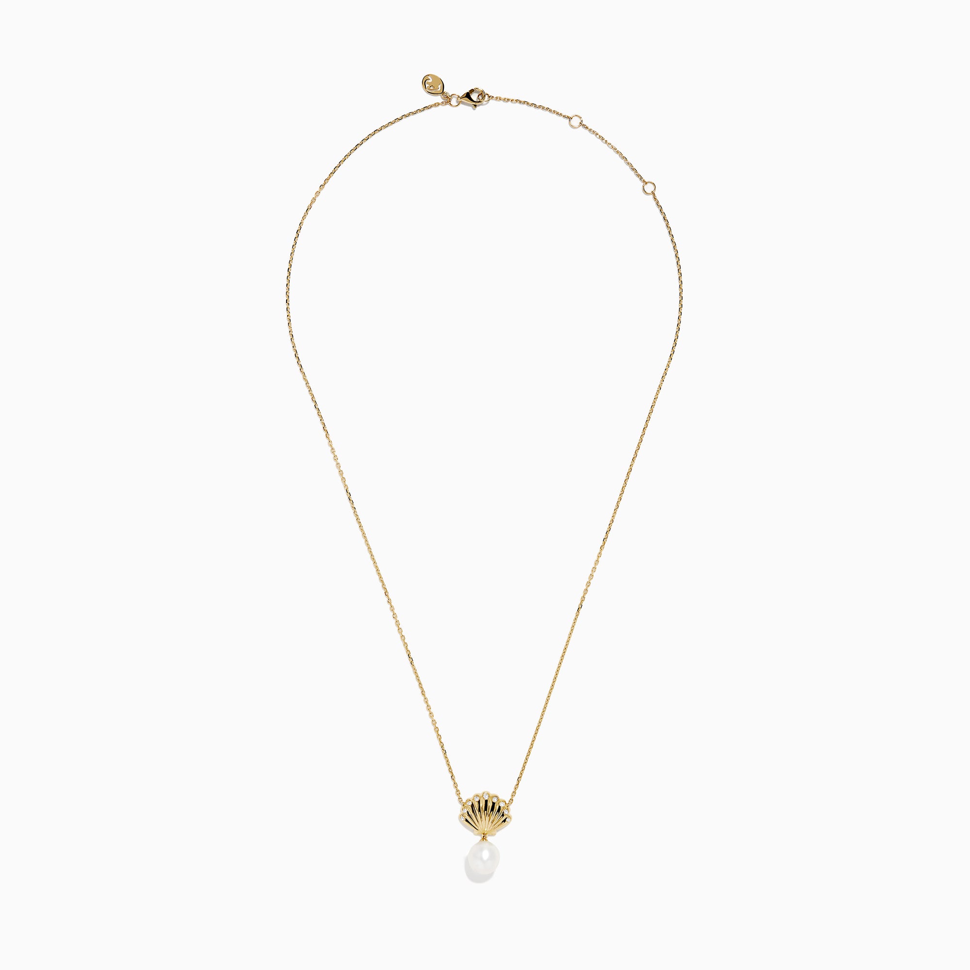 The Novelty 14K Yellow Gold Freshwater Pearl and Diamond Seashell Necklace features a scallop shell-shaped pendant with small diamonds and an elegant freshwater pearl drop.