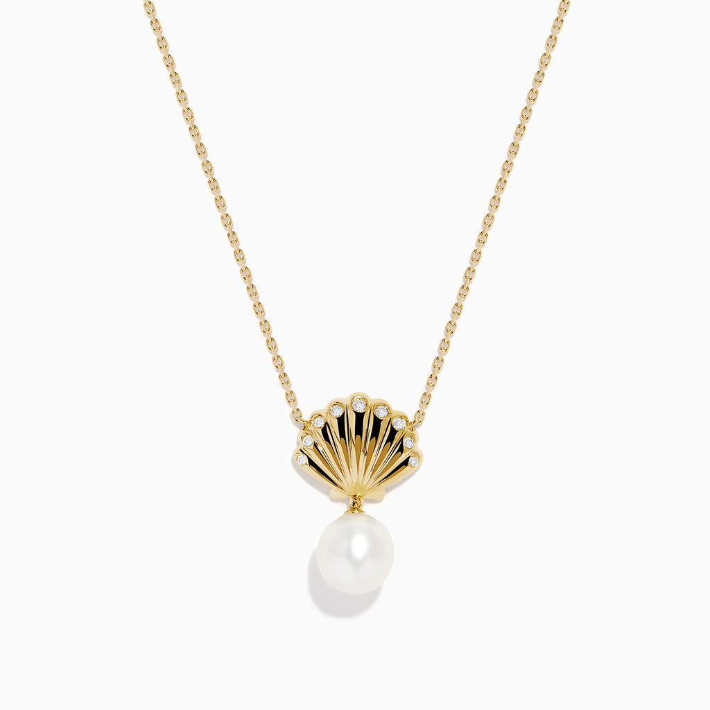 The Novelty 14K Yellow Gold Freshwater Pearl and Diamond Seashell Necklace features a scallop shell-shaped pendant with small diamonds and an elegant freshwater pearl drop.