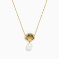 The Novelty 14K Yellow Gold Freshwater Pearl and Diamond Seashell Necklace features a scallop shell-shaped pendant with small diamonds and an elegant freshwater pearl drop.