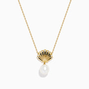 The Novelty 14K Yellow Gold Freshwater Pearl and Diamond Seashell Necklace features a scallop shell-shaped pendant with small diamonds and an elegant freshwater pearl drop.