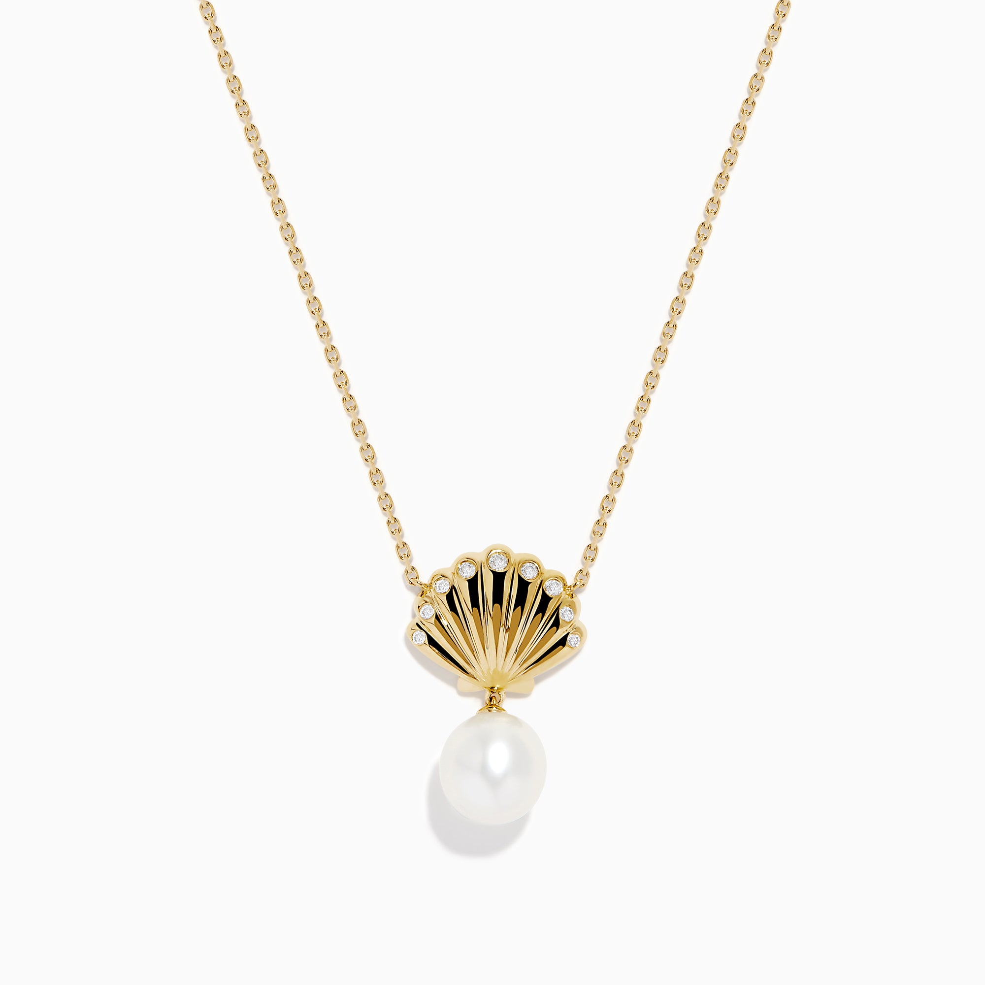 The Novelty 14K Yellow Gold Freshwater Pearl and Diamond Seashell Necklace features a scallop shell-shaped pendant with small diamonds and an elegant freshwater pearl drop.