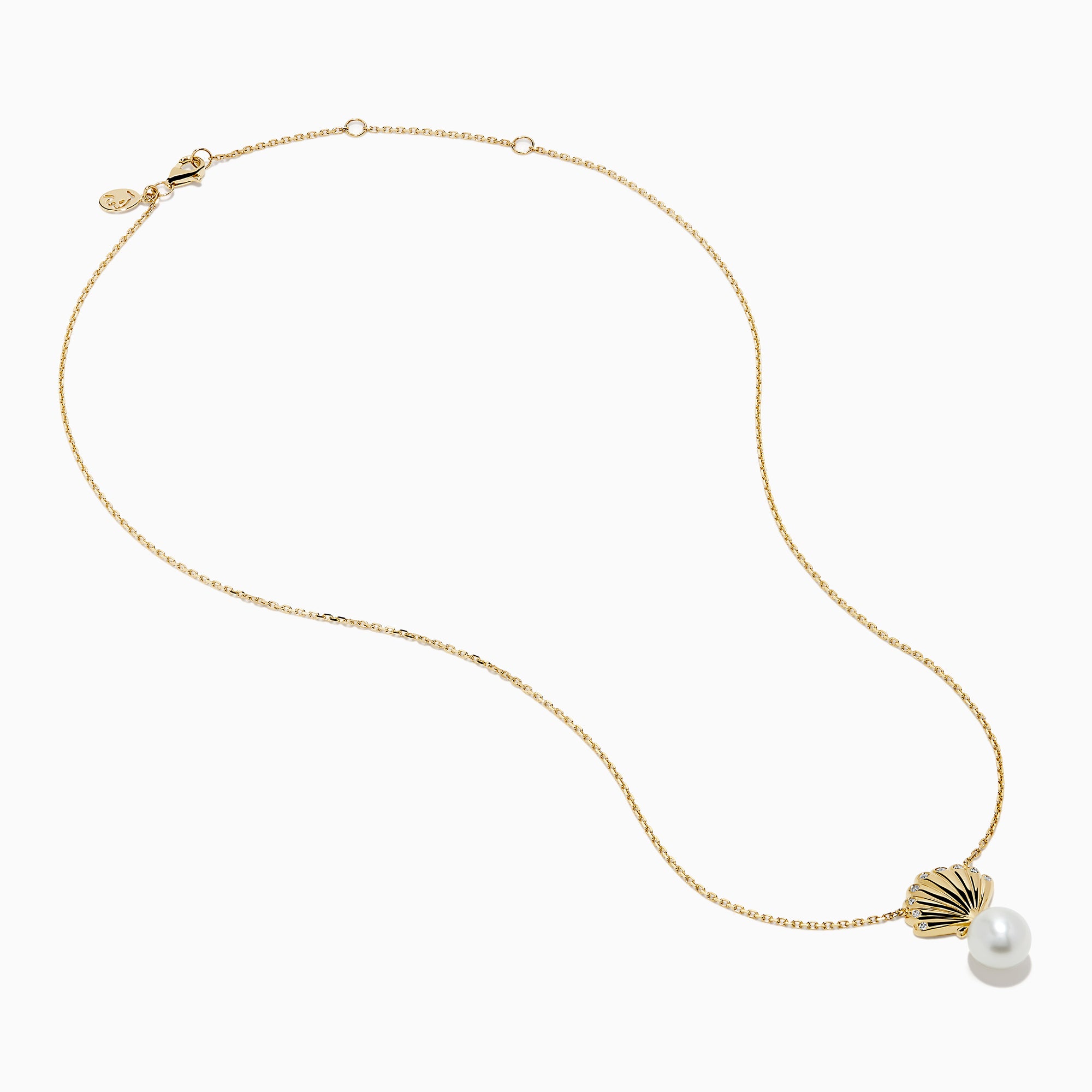 The Novelty 14K Yellow Gold Freshwater Pearl and Diamond Seashell Necklace features a scallop shell-shaped pendant with small diamonds and an elegant freshwater pearl drop.