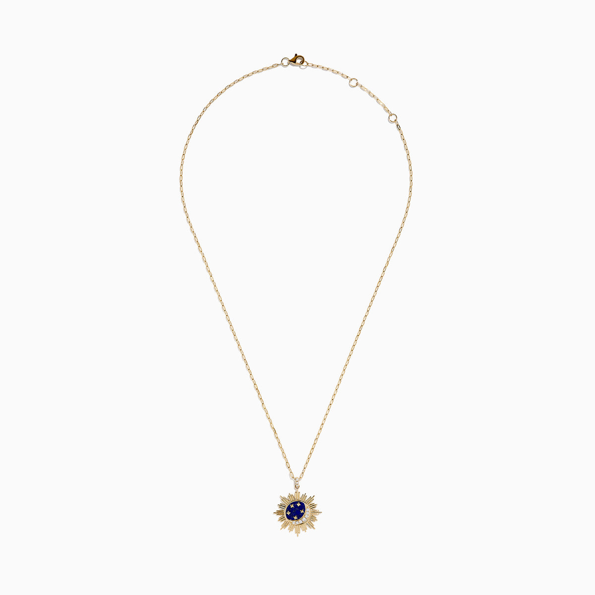 The 14K Yellow Gold Lapis and Diamond Celestial Sunburst Pendant features a blue lapis center, gold stars, a diamond-set crescent, and an elongated gold chain for an elegant celestial touch.