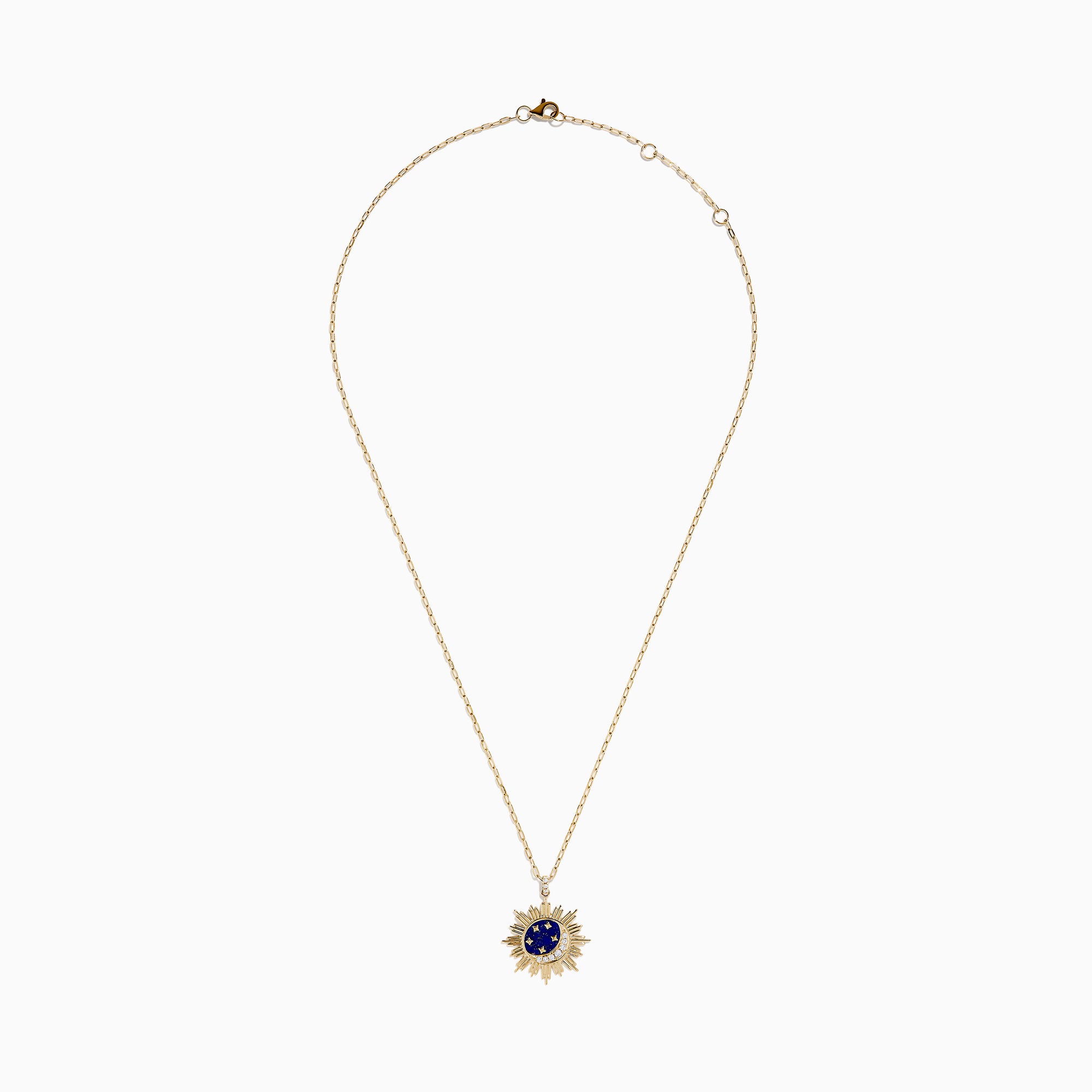 The 14K Yellow Gold Lapis and Diamond Celestial Sunburst Pendant features a blue lapis center, gold stars, a diamond-set crescent, and an elongated gold chain for an elegant celestial touch.