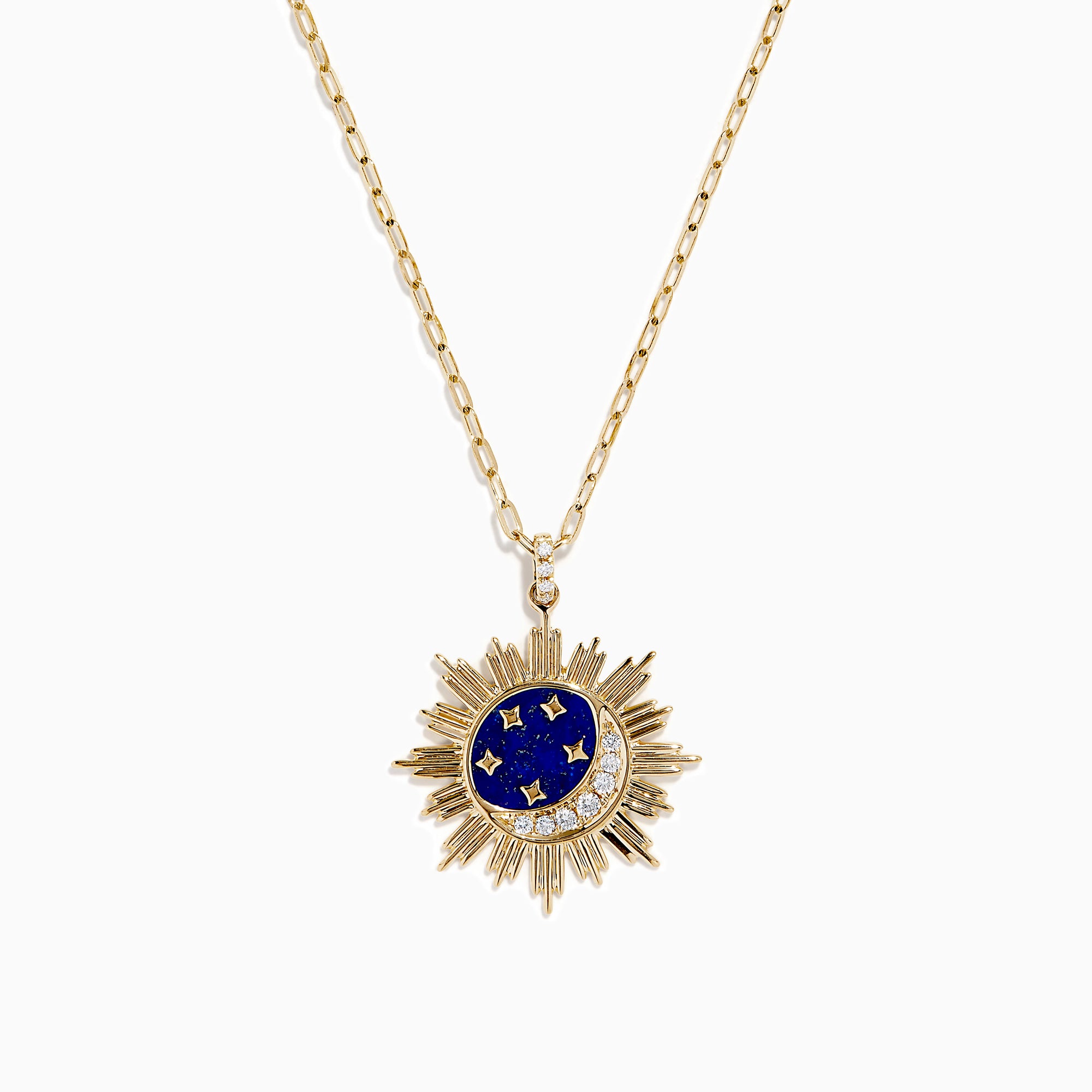 The 14K Yellow Gold Lapis and Diamond Celestial Sunburst Pendant features a blue lapis center, gold stars, a diamond-set crescent, and an elongated gold chain for an elegant celestial touch.
