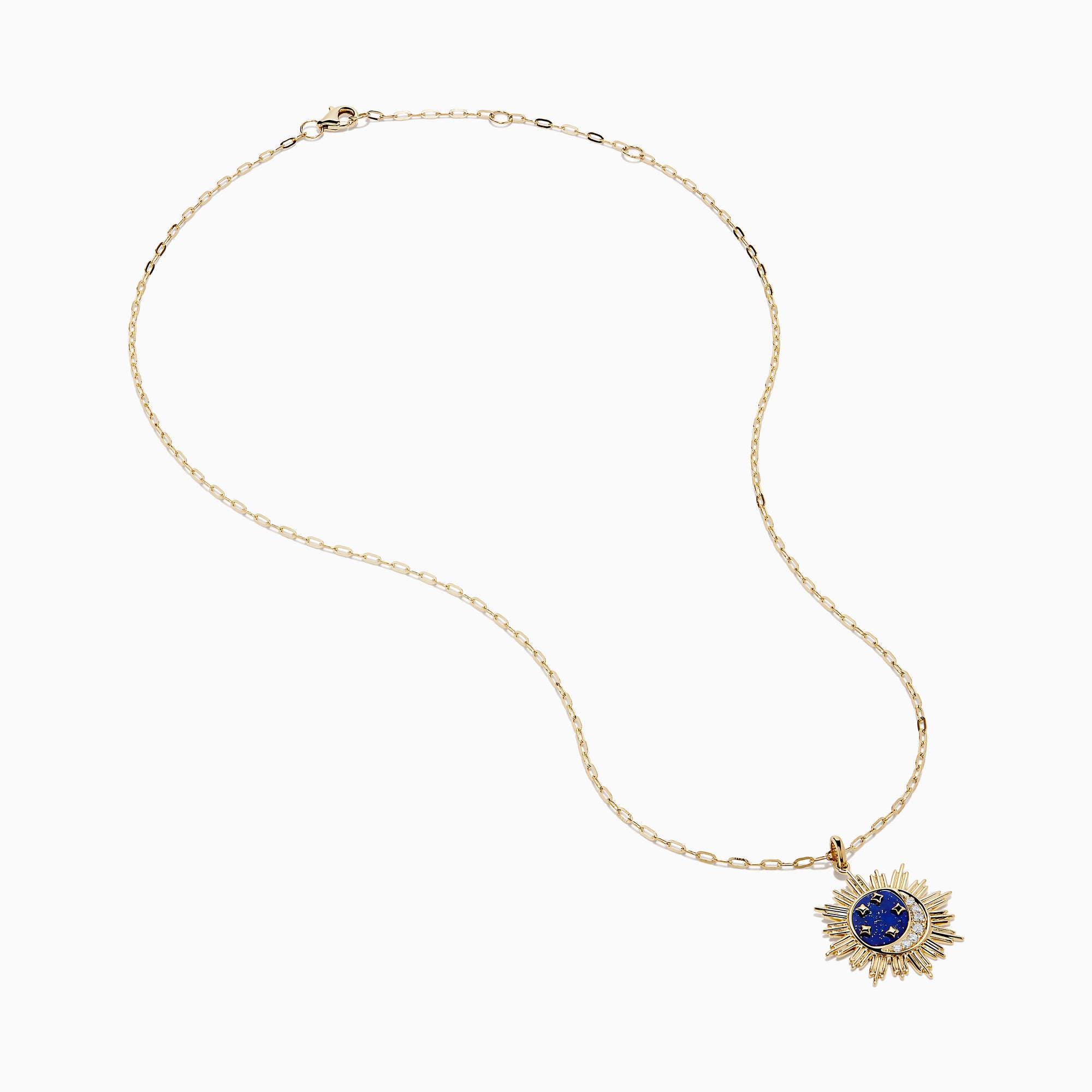 The 14K Yellow Gold Lapis and Diamond Celestial Sunburst Pendant features a blue lapis center, gold stars, a diamond-set crescent, and an elongated gold chain for an elegant celestial touch.