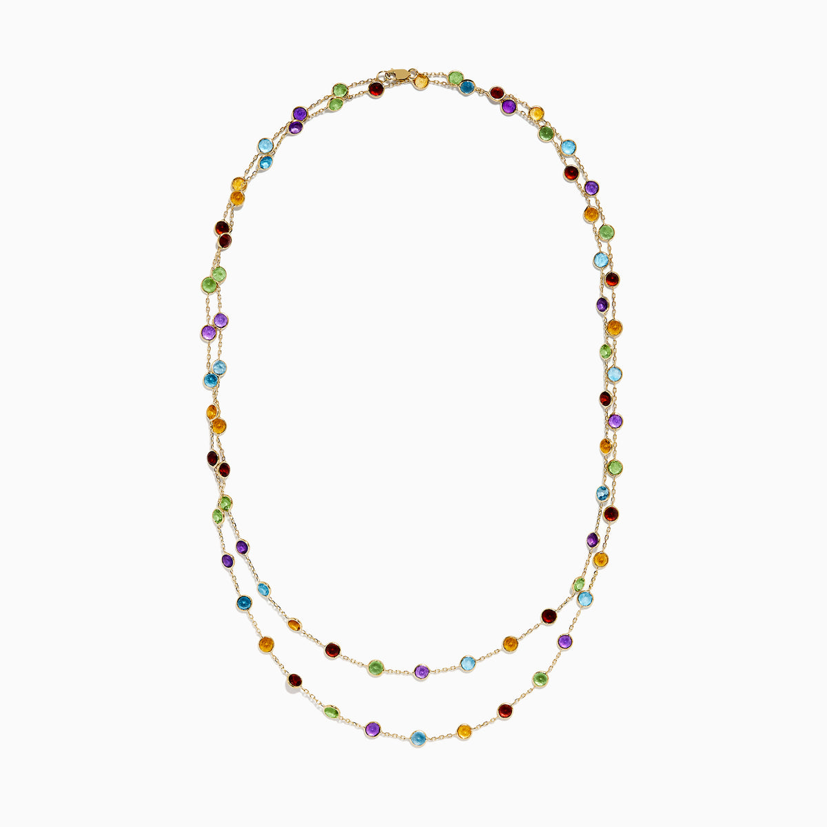 The Mosaic 14K Yellow Gold Multi Color Gemstone and Diamond Necklace features a delicate gold chain adorned with beautifully spaced round gemstones in blue, green, purple, red, and yellow.