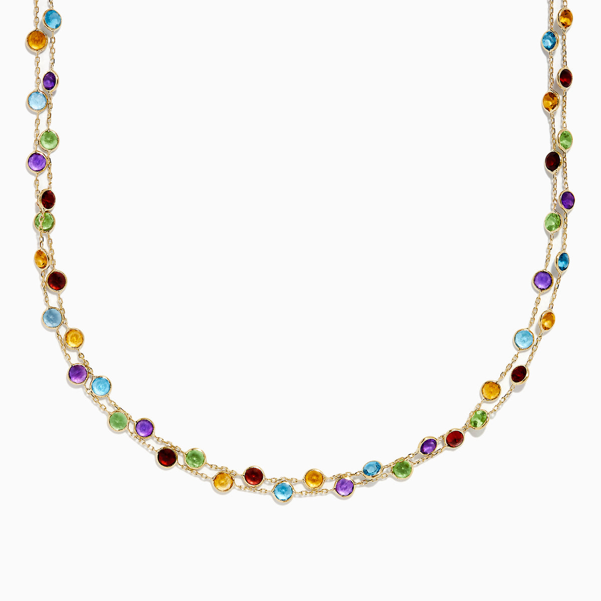 The Mosaic 14K Yellow Gold Multi Color Gemstone and Diamond Necklace features a delicate gold chain adorned with beautifully spaced round gemstones in blue, green, purple, red, and yellow.