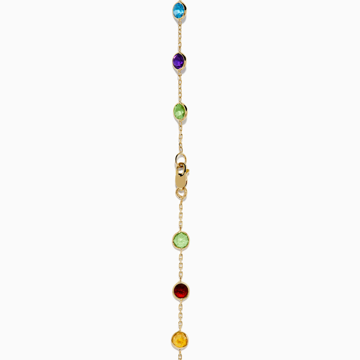 The Mosaic 14K Yellow Gold Multi Color Gemstone and Diamond Necklace features a delicate gold chain adorned with beautifully spaced round gemstones in blue, green, purple, red, and yellow.