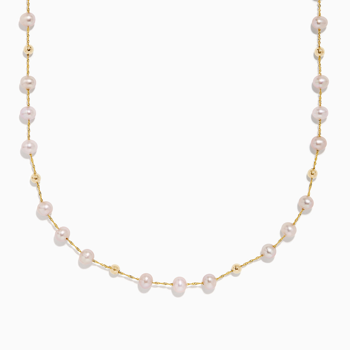 The 14K Yellow Gold Pink Freshwater Pearl Necklace features delicate pink pearls evenly spaced on a yellow gold chain, each pearl separated by small gold beads, and is showcased against a crisp white background.