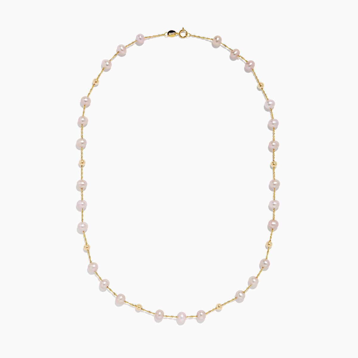 The 14K Yellow Gold Pink Freshwater Pearl Necklace features a single strand of evenly spaced pink freshwater pearls linked by small yellow gold connectors and finished with a gold clasp.