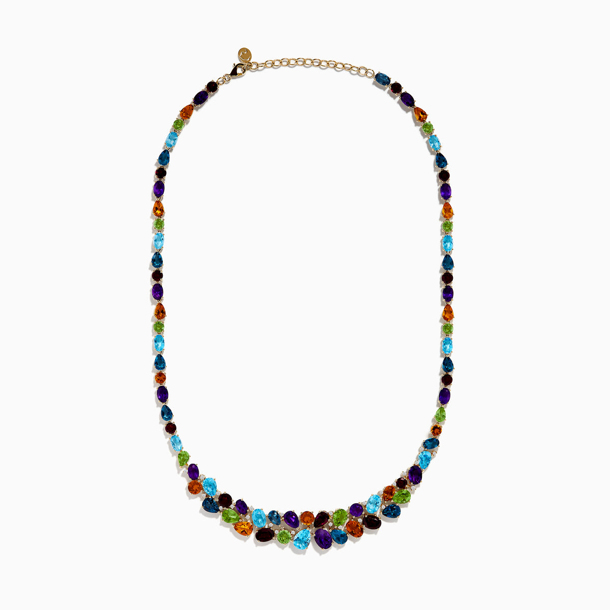 The Mosaic 14K Yellow Gold Multi Color Gemstone and Diamond Necklace showcases oval and teardrop-shaped blue, green, orange, purple, and dark red stones in a symmetrical design set in gold on a white background.