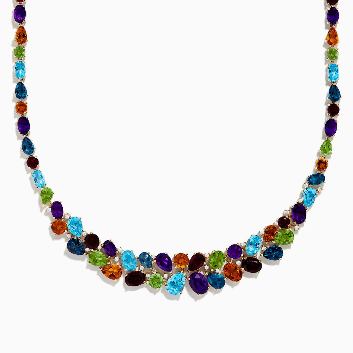 The Mosaic 14K Yellow Gold Multi Color Gemstone and Diamond Necklace showcases oval and teardrop-shaped blue, green, orange, purple, and dark red stones in a symmetrical design set in gold on a white background.