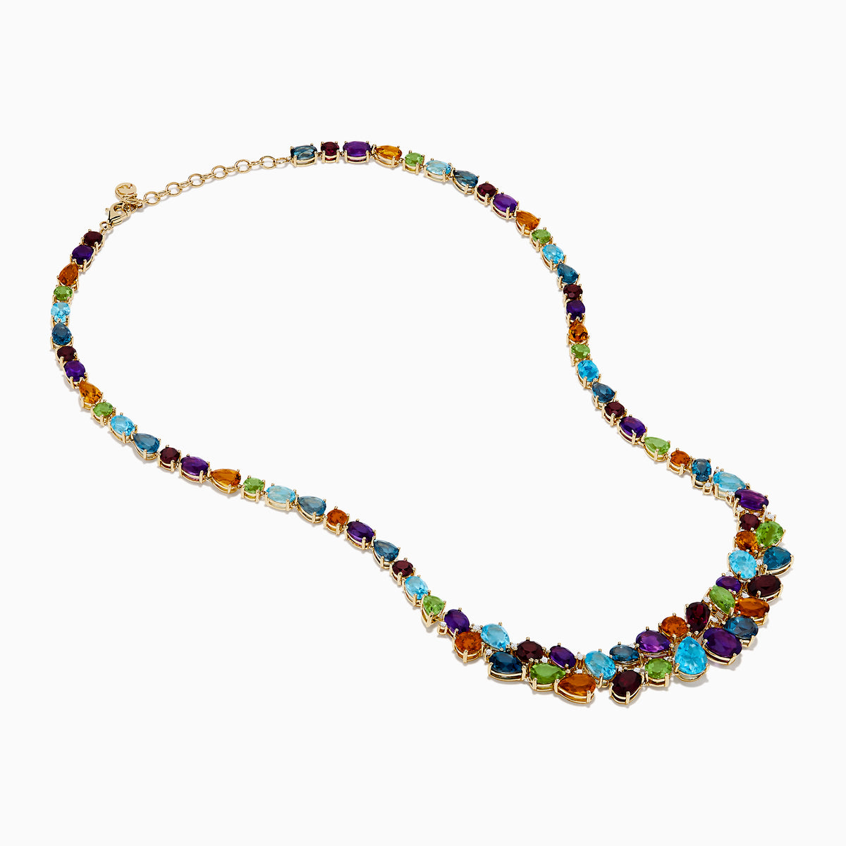 The Mosaic 14K Yellow Gold Multi Color Gemstone and Diamond Necklace showcases oval and teardrop-shaped blue, green, orange, purple, and dark red stones in a symmetrical design set in gold on a white background.