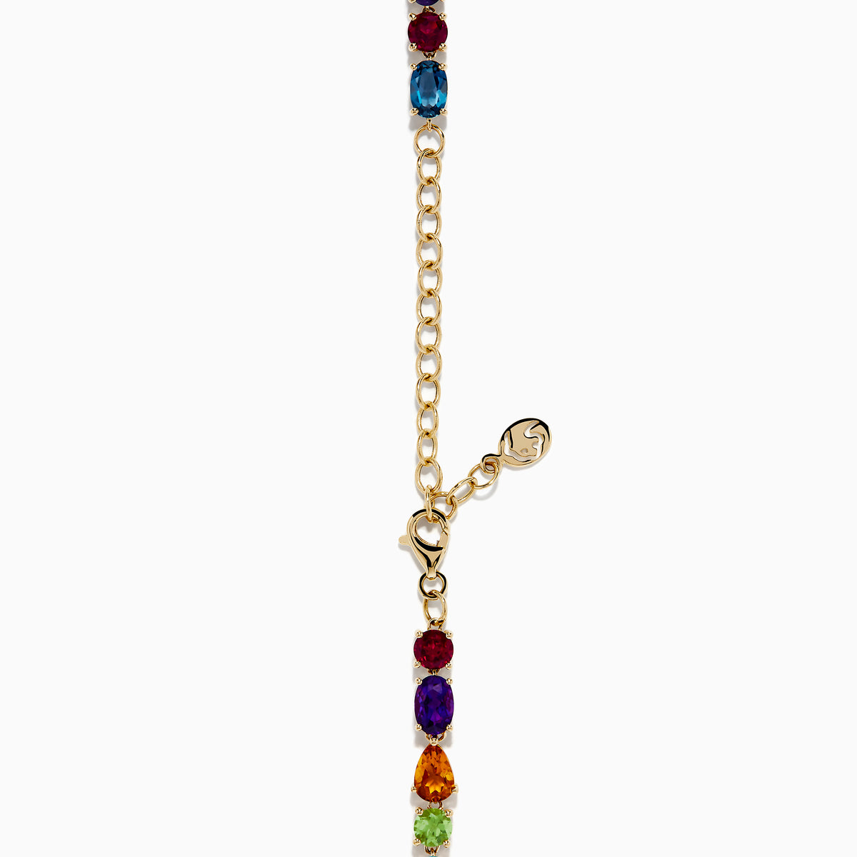 The Mosaic 14K Yellow Gold Multi Color Gemstone and Diamond Necklace showcases oval and teardrop-shaped blue, green, orange, purple, and dark red stones in a symmetrical design set in gold on a white background.