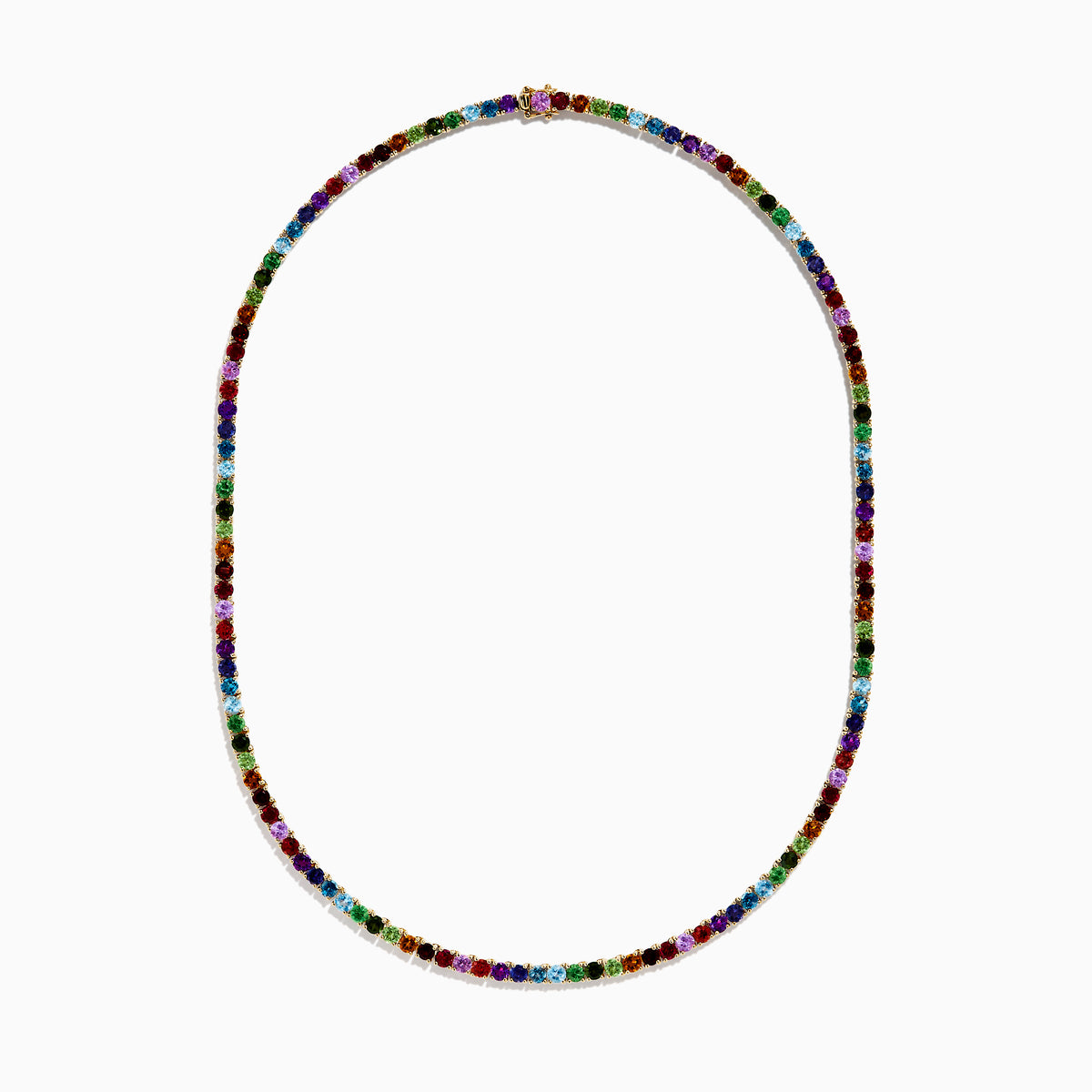 The 14K Yellow Gold Multi-Gemstone Rainbow Tennis Necklace features small, round gemstones spaced along its length and is shown on a white background.