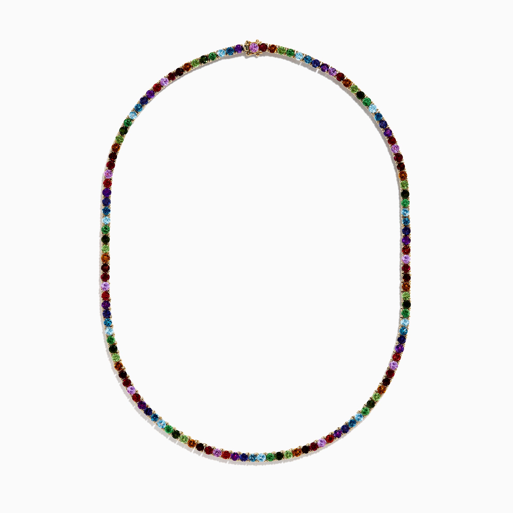 The 14K Yellow Gold Multi-Gemstone Rainbow Tennis Necklace features small, round gemstones spaced along its length and is shown on a white background.