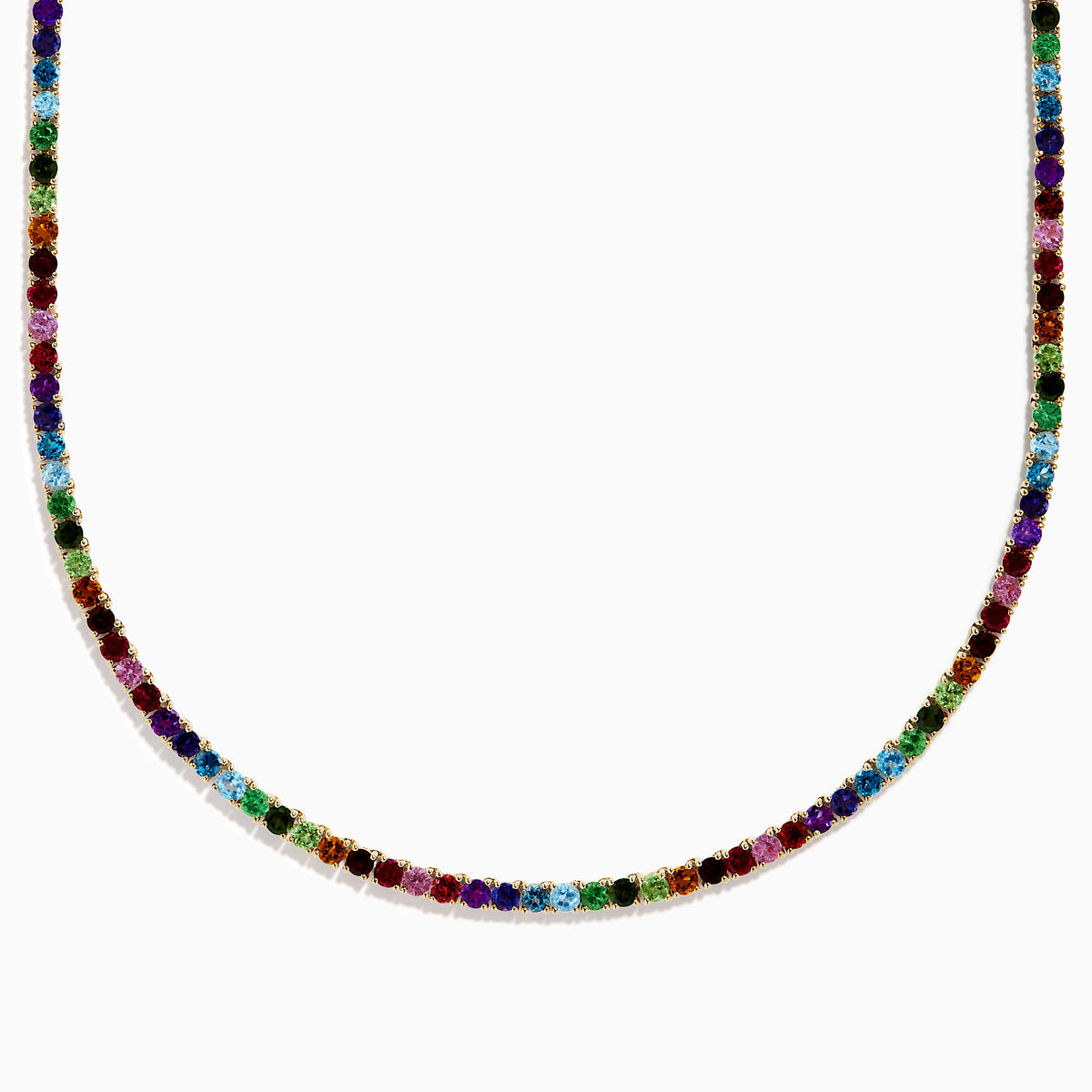 The 14K Yellow Gold Multi-Gemstone Rainbow Tennis Necklace features small, round gemstones spaced along its length and is shown on a white background.