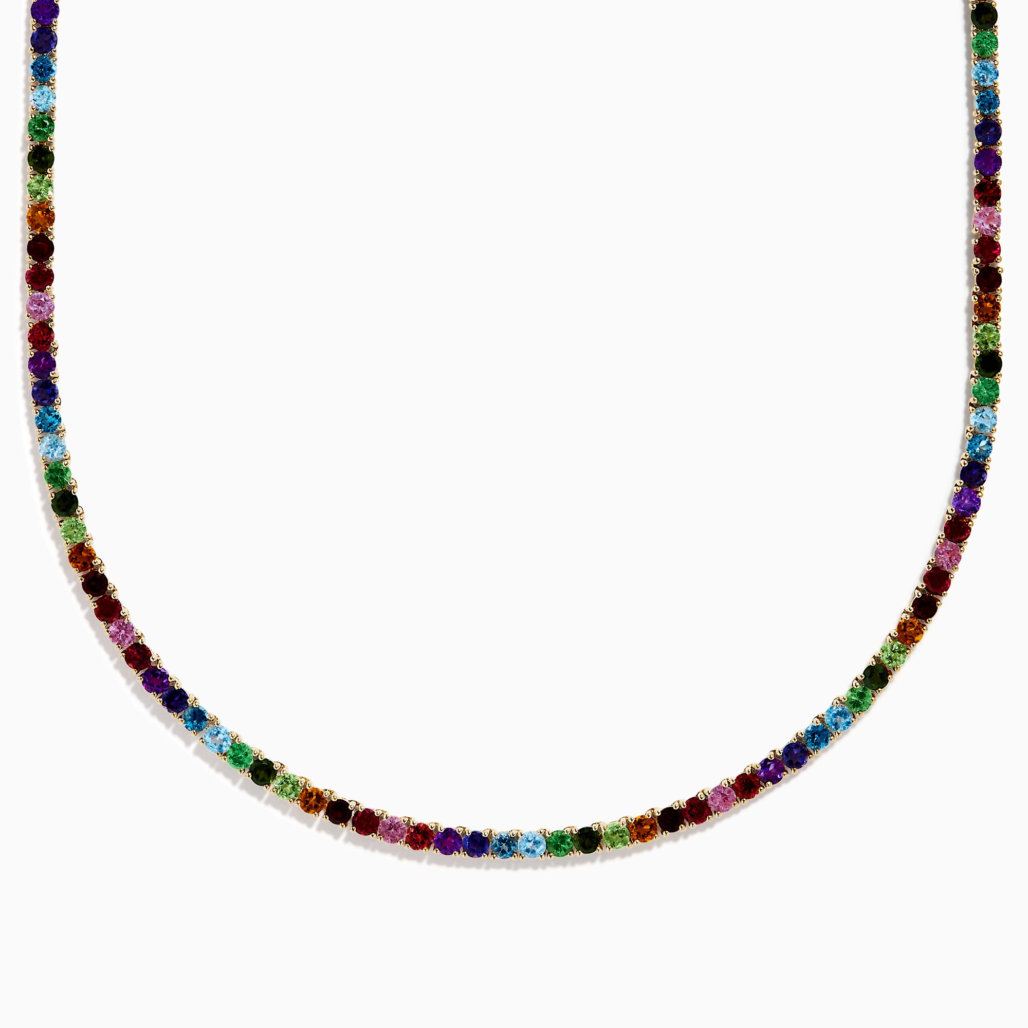 The 14K Yellow Gold Multi-Gemstone Rainbow Tennis Necklace features small, round gemstones spaced along its length and is shown on a white background.
