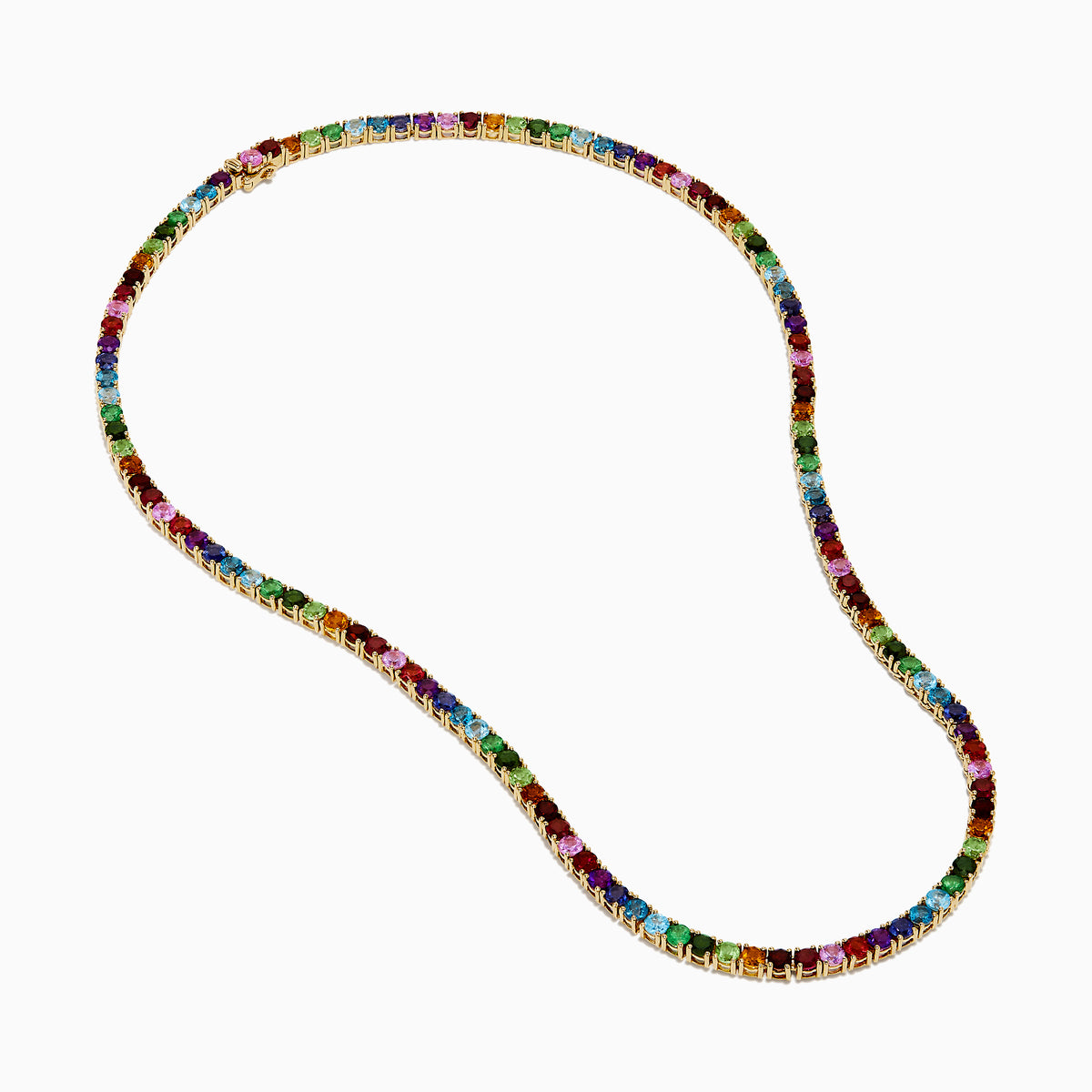 The 14K Yellow Gold Multi-Gemstone Rainbow Tennis Necklace features small, round gemstones spaced along its length and is shown on a white background.