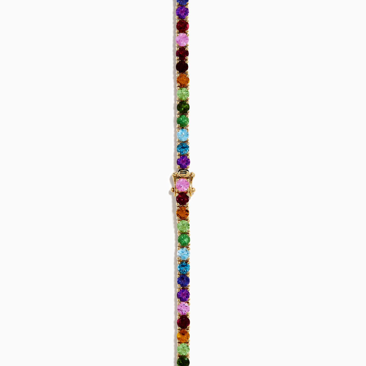 The 14K Yellow Gold Multi-Gemstone Rainbow Tennis Necklace features small, round gemstones spaced along its length and is shown on a white background.