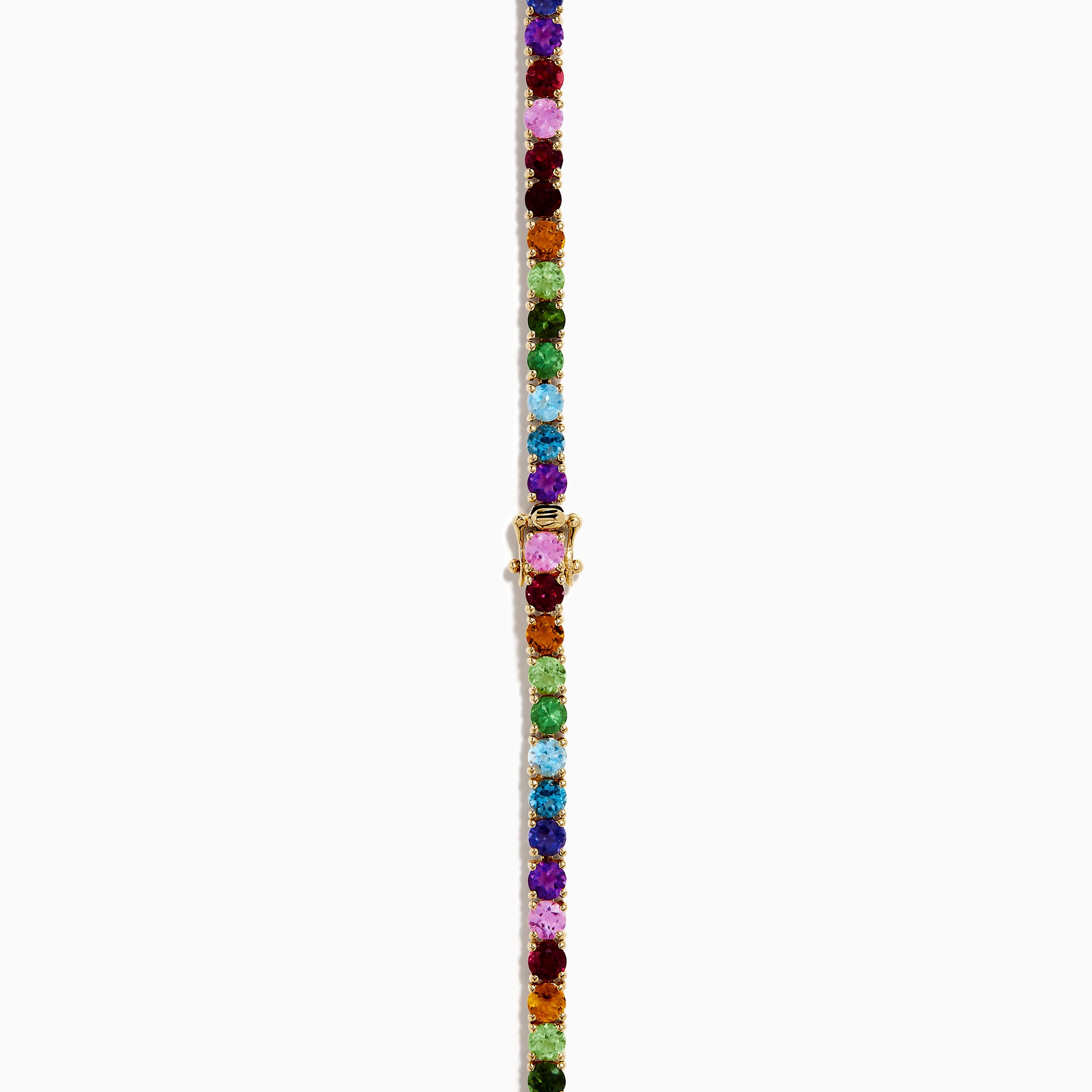 The 14K Yellow Gold Multi-Gemstone Rainbow Tennis Necklace features small, round gemstones spaced along its length and is shown on a white background.