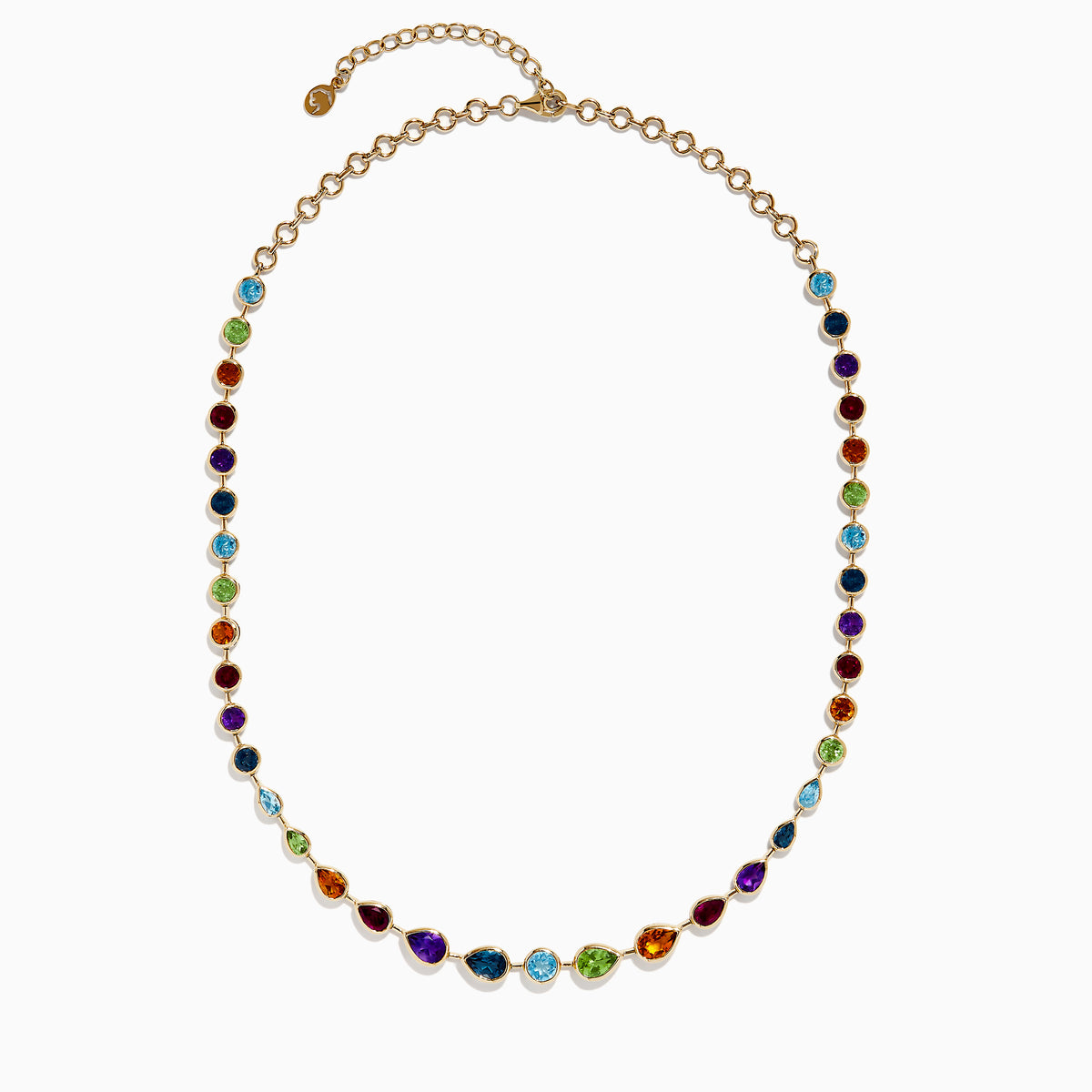 The Mosaic 14K Yellow Gold Multi Gemstone Necklace showcases small round and teardrop-shaped gems set on a gold chain, displayed against a white background.