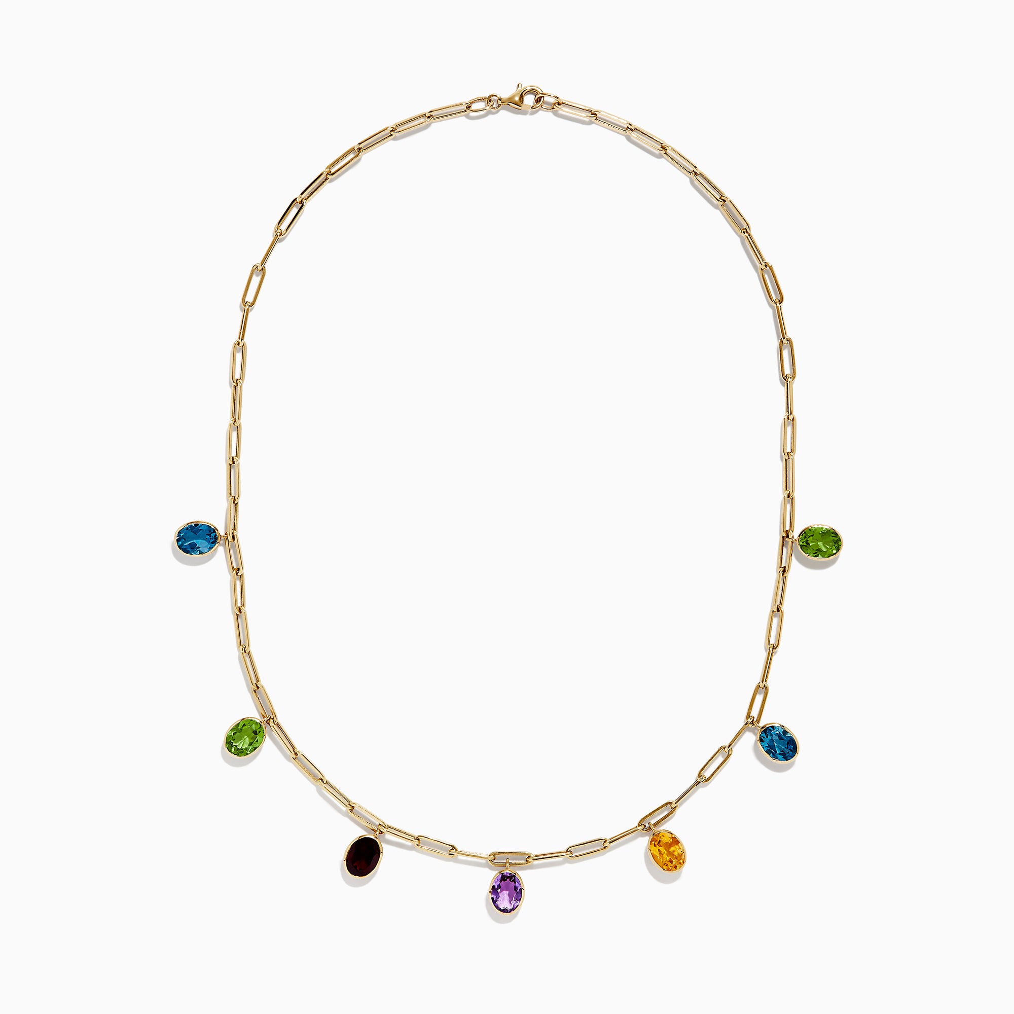 The Mosaic 14K Yellow Gold Multi Gemstone Charm Necklace features oval-shaped charms in blue, green, yellow, purple, and brown gemstones evenly spaced on a yellow gold chain.