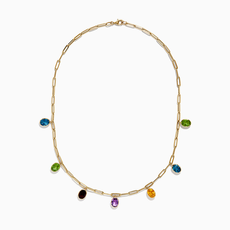 The Mosaic 14K Yellow Gold Multi Gemstone Charm Necklace features oval-shaped charms in blue, green, yellow, purple, and brown gemstones evenly spaced on a yellow gold chain.