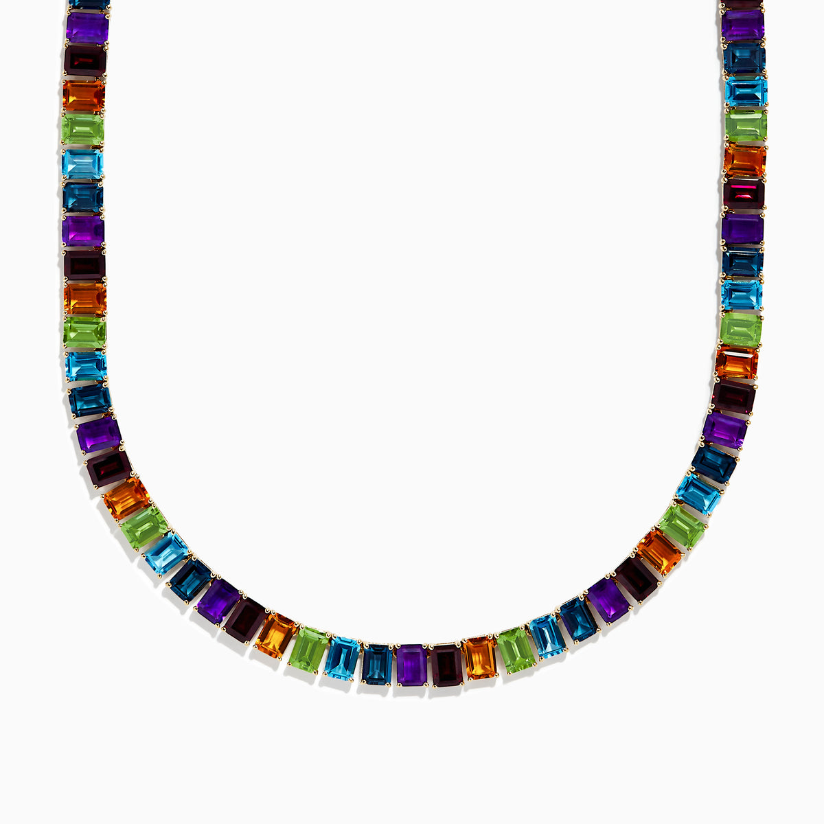 The Mosaic 14K Yellow Gold Multi Gemstone Necklace showcases square-cut gems in vibrant purple, orange, green, and blue set in a repeating pattern for a striking look on a white background.