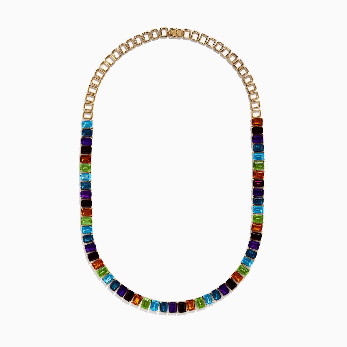 The Mosaic 14K Yellow Gold Multi Gemstone Necklace showcases square-cut gems in vibrant purple, orange, green, and blue set in a repeating pattern for a striking look on a white background.