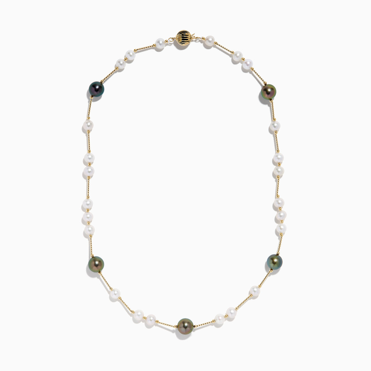 The 14K Yellow Gold Tahitian and Freshwater Pearl Necklace features alternating white and dark pearls on a delicate gold chain, beautifully displayed against a white background.