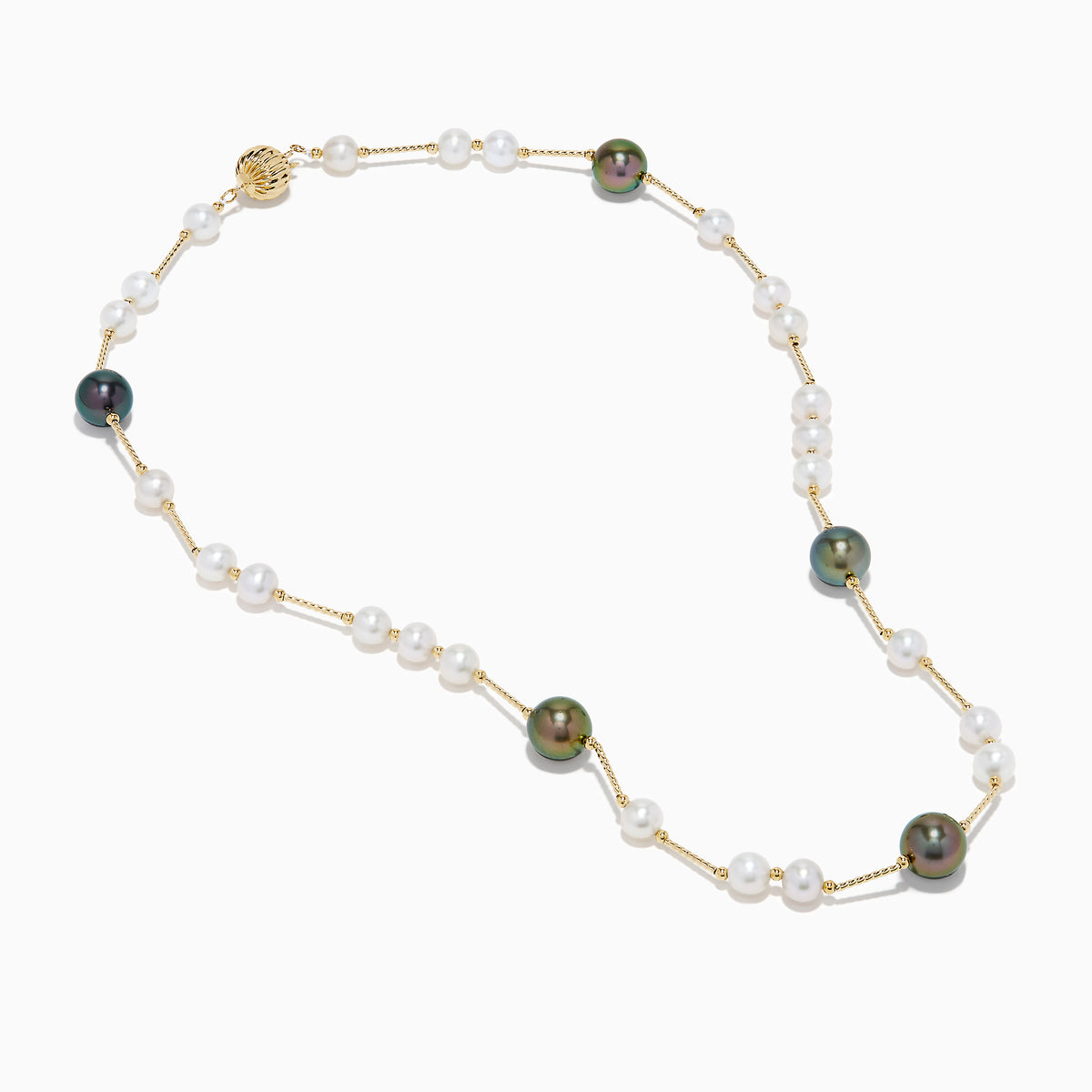 The 14K Yellow Gold Tahitian and Freshwater Pearl Necklace features alternating white and dark pearls on a delicate gold chain, beautifully displayed against a white background.