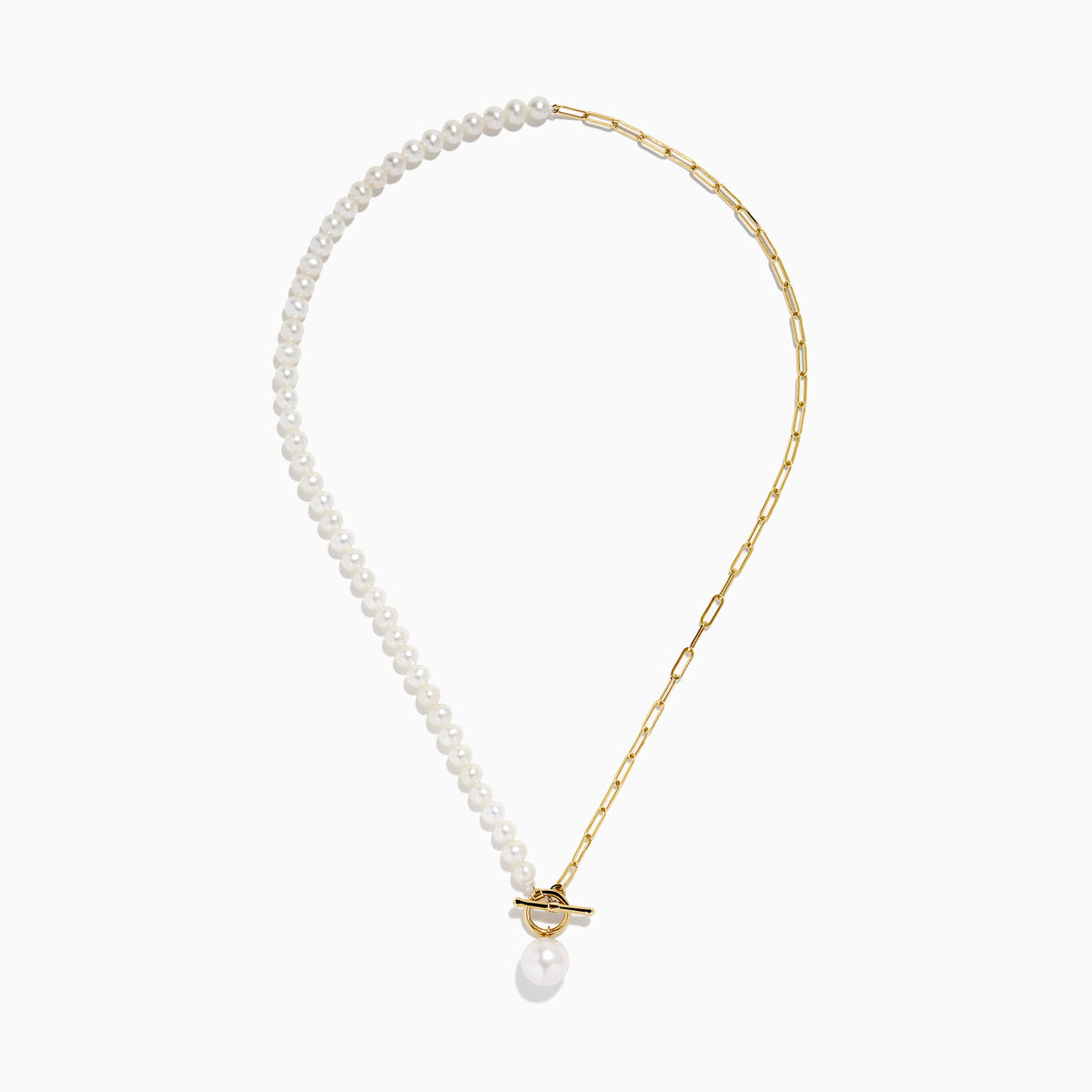 The 14K Yellow Gold Fresh Water Pearl & Paperclip Chain Necklace features alternating pearls and paperclip links, a 14K gold toggle clasp, and a single dangling pearl pendant.