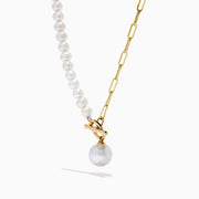 The 14K Yellow Gold Fresh Water Pearl & Paperclip Chain Necklace features alternating pearls and paperclip links, a 14K gold toggle clasp, and a single dangling pearl pendant.
