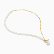 The 14K Yellow Gold Fresh Water Pearl & Paperclip Chain Necklace features alternating pearls and paperclip links, a 14K gold toggle clasp, and a single dangling pearl pendant.