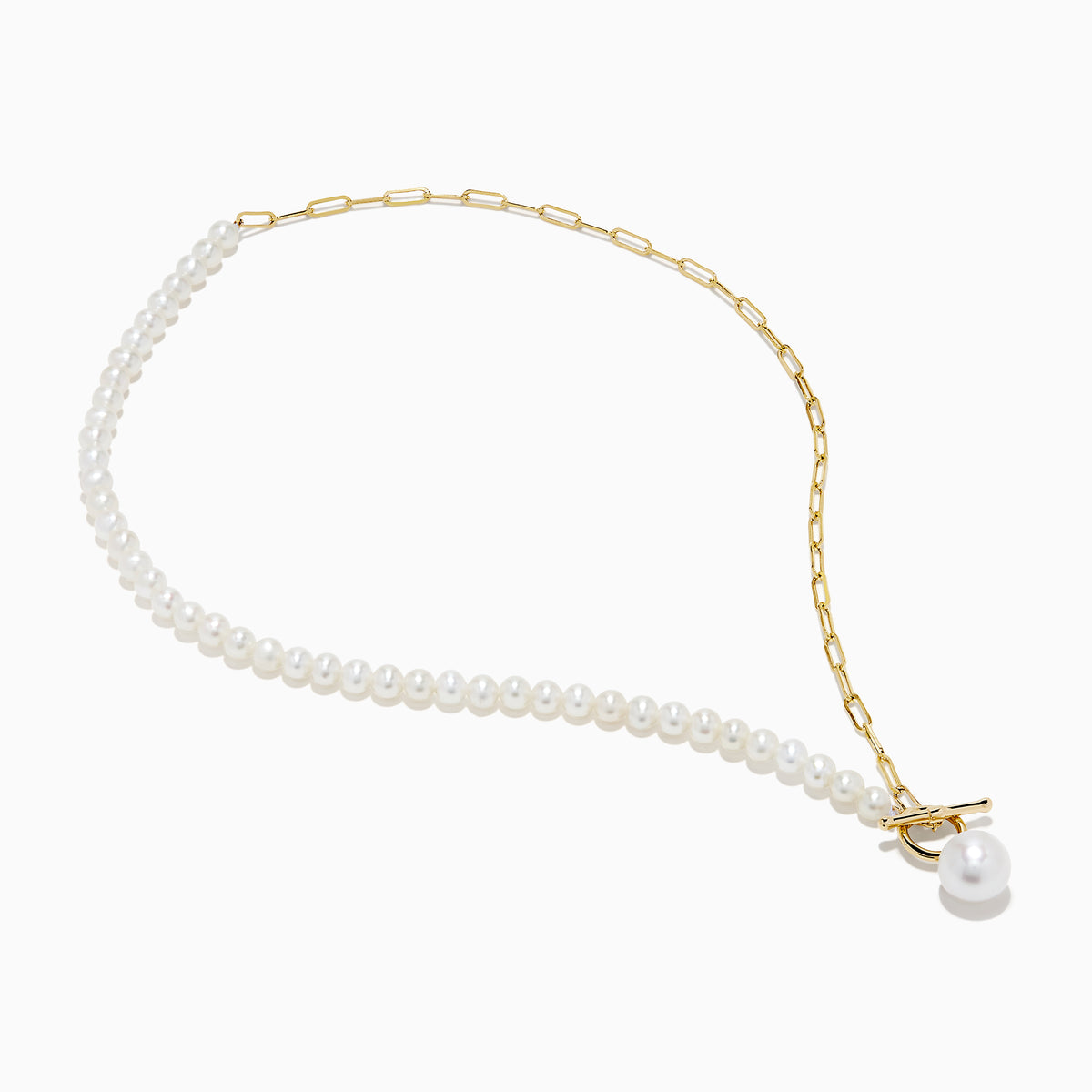 The 14K Yellow Gold Fresh Water Pearl & Paperclip Chain Necklace features alternating pearls and paperclip links, a 14K gold toggle clasp, and a single dangling pearl pendant.