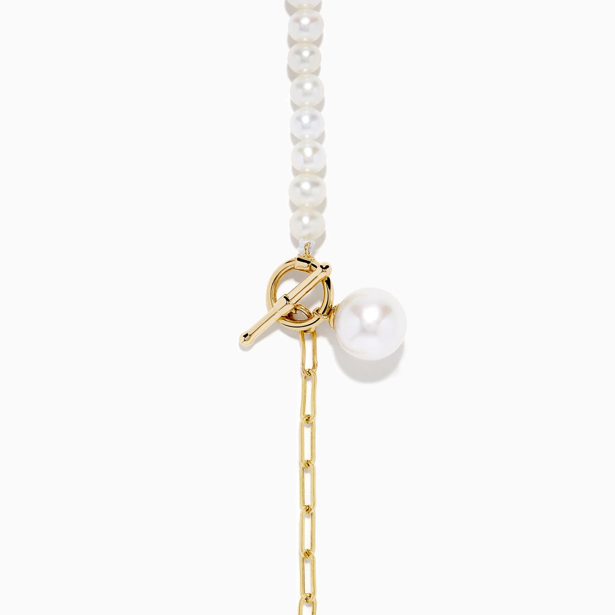 The 14K Yellow Gold Fresh Water Pearl & Paperclip Chain Necklace features alternating pearls and paperclip links, a 14K gold toggle clasp, and a single dangling pearl pendant.