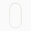The 14K Yellow Gold Freshwater Pearl and Paperclip Chain Necklace features small white freshwater pearls strung on the lower section, connected to a delicate gold paperclip chain, shown on a plain white background.
