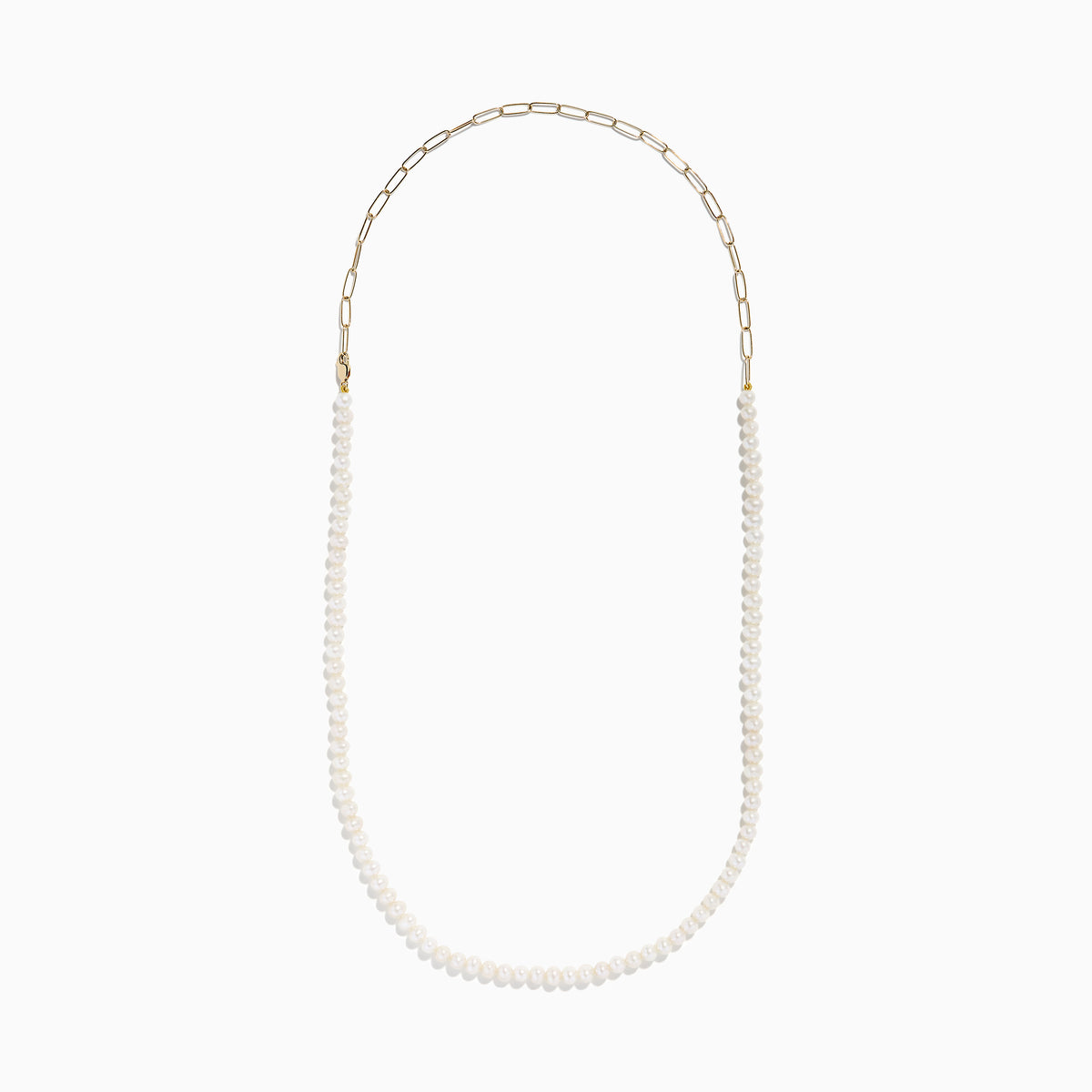 The 14K Yellow Gold Freshwater Pearl and Paperclip Chain Necklace features small white freshwater pearls strung on the lower section, connected to a delicate gold paperclip chain, shown on a plain white background.