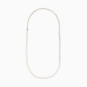 The 14K Yellow Gold Freshwater Pearl and Paperclip Chain Necklace features small white freshwater pearls strung on the lower section, connected to a delicate gold paperclip chain, shown on a plain white background.