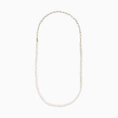 The 14K Yellow Gold Freshwater Pearl and Paperclip Chain Necklace features small white freshwater pearls strung on the lower section, connected to a delicate gold paperclip chain, shown on a plain white background.