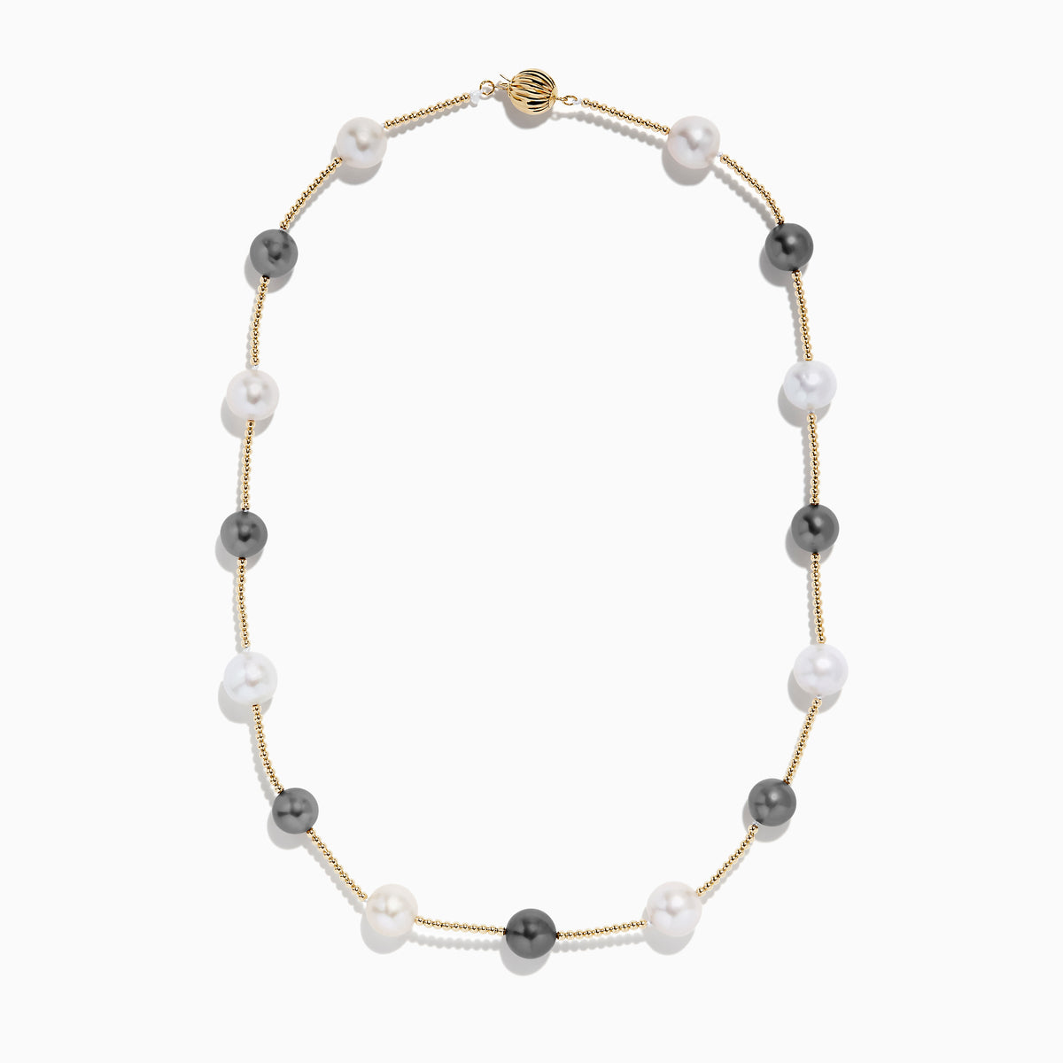 The 14K Yellow Gold Tahitian and Fresh Water Pearl Necklace features alternating black Tahitian pearls and white freshwater pearls, evenly spaced along a yellow gold chain and shown on a white background.