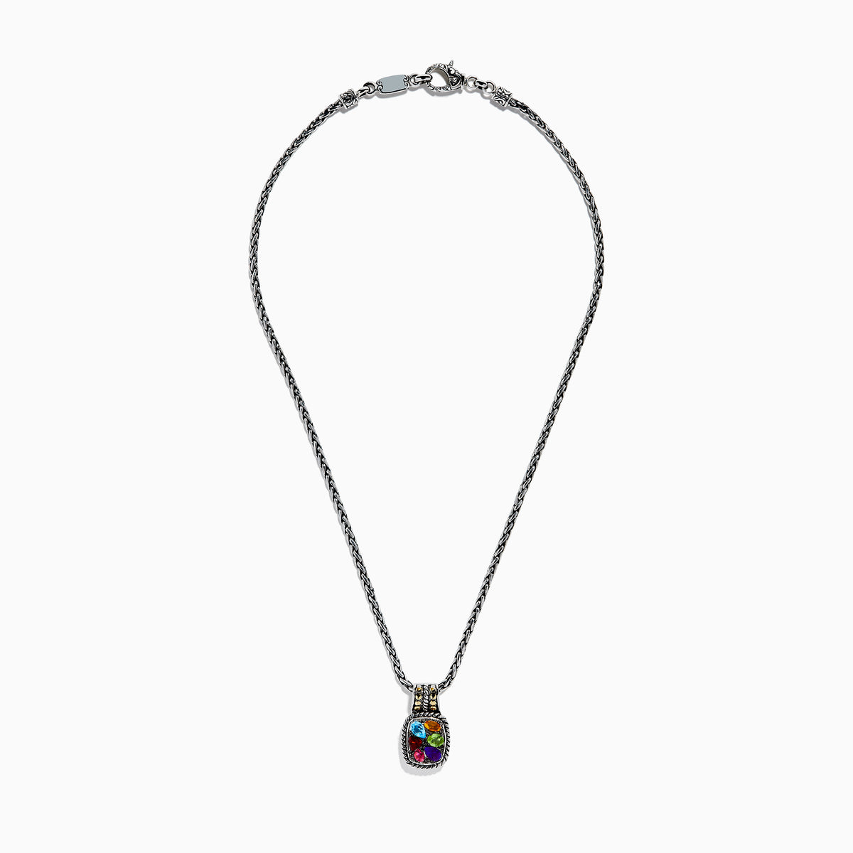 The Mosaic 925 Sterling Silver and 18K Yellow Gold Pendant features a rectangular silver frame set with five multicolor gemstones—blue, green, red, purple, and orange—on a silver chain.