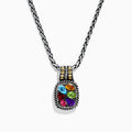 The Mosaic 925 Sterling Silver and 18K Yellow Gold Pendant features a rectangular silver frame set with five multicolor gemstones—blue, green, red, purple, and orange—on a silver chain.