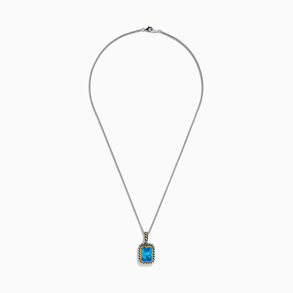 The Ocean Bleu 925 Sterling Silver and 18K Yellow Gold Blue Topaz Pendant features a rectangular faceted blue topaz framed by twisted silver and yellow gold accents on a sterling silver chain.