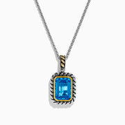 The Ocean Bleu 925 Sterling Silver and 18K Yellow Gold Blue Topaz Pendant features a rectangular faceted blue topaz framed by twisted silver and yellow gold accents on a sterling silver chain.