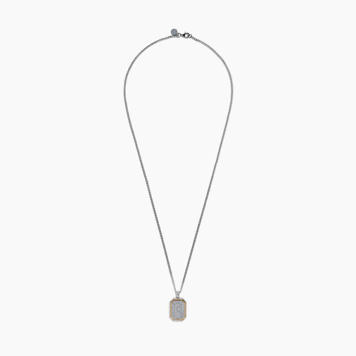Men’s 925 sterling silver and rose gold plated dog tag pendant necklace features a rectangular design with rounded corners, encrusted with white topaz stones and bordered by a slim rose gold outline.