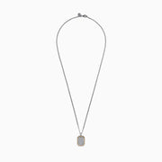 Men’s 925 sterling silver and rose gold plated dog tag pendant necklace features a rectangular design with rounded corners, encrusted with white topaz stones and bordered by a slim rose gold outline.
