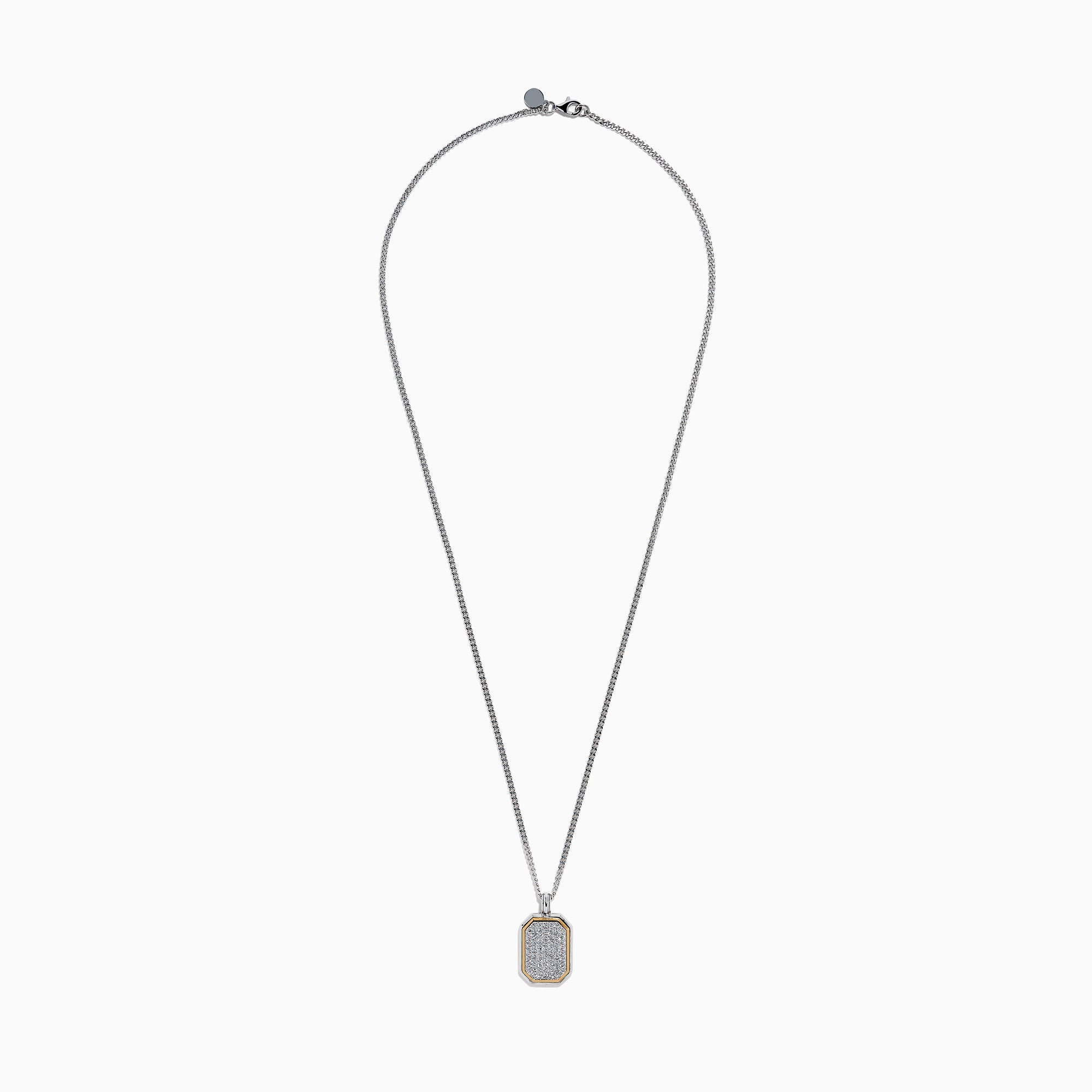 Men’s 925 sterling silver and rose gold plated dog tag pendant necklace features a rectangular design with rounded corners, encrusted with white topaz stones and bordered by a slim rose gold outline.